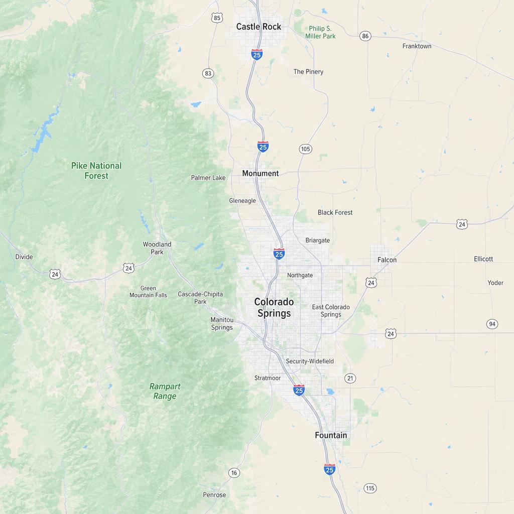 Google Maps view of the I-25 corridor from Castle Rock through Colorado Springs to Fountain