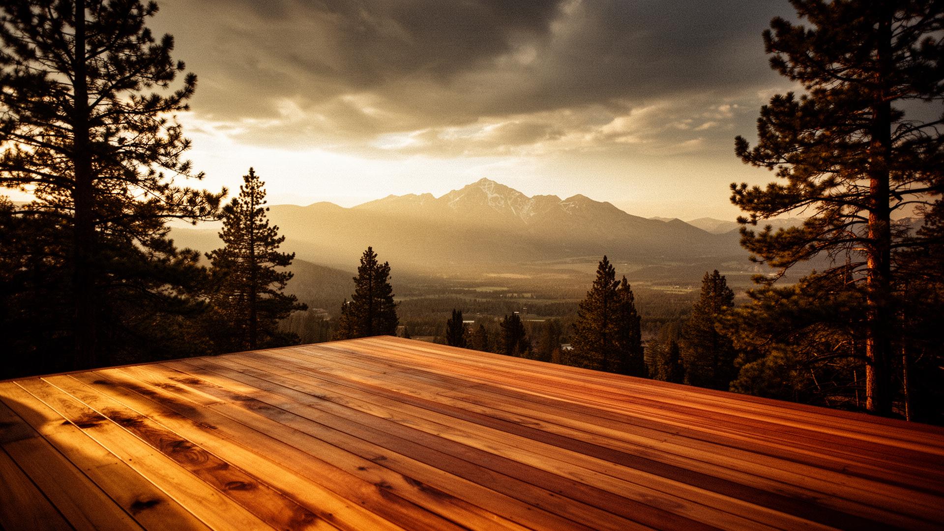 Freshly stained cedar deck overlooking Pikes Peak and the Colorado Front Range at golden hour